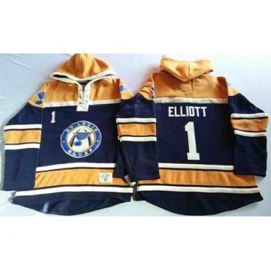 St. Louis Blues #1 Brian Elliott Navy Blue Gold Sawyer Hooded Sweatshirt Stitched Jersey->st.louis blues->NHL Jersey