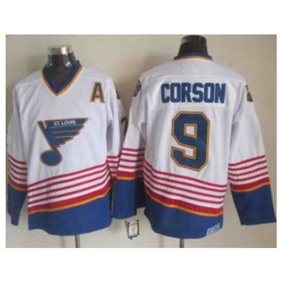 St. Louis Blues #9 Shayne Corson White Light Blue CCM Throwback Stitched NHL Jersey->st.louis blues->NHL Jersey