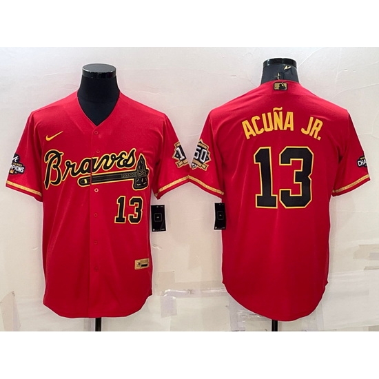 Men Atlanta Braves #13 Ronald Acuna Jr  Red Gold Cool Base Stitched Baseball Jersey->atlanta braves->MLB Jersey