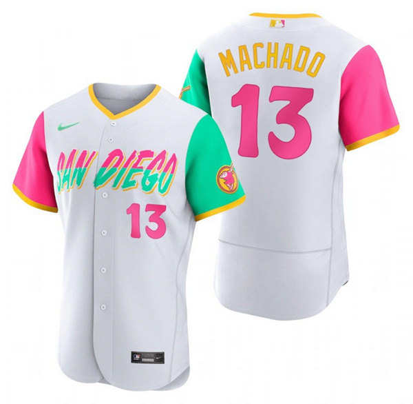 Men's San Diego Padres #13 Manny Machado White 2022 City Connect Flex Base Stitched Baseball Jersey->san diego padres->MLB Jersey
