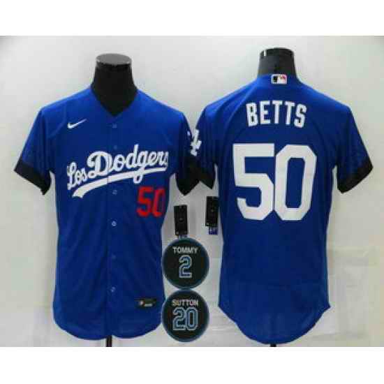 Men Los Angeles Dodgers 50 Mookie Betts Blue #2 20 Patch City Connect Flex Base Stitched Jersey->los angeles dodgers->MLB Jersey