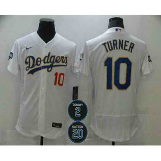 Men Los Angeles Dodgers 10 Justin Turner White Gold #2 20 Patch Stitched MLB Flex Base Nike Jersey->los angeles dodgers->MLB Jersey