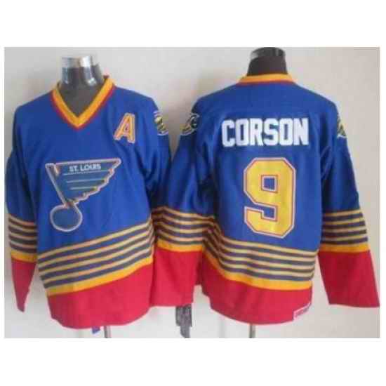 St. Louis Blues #9 Shayne Corson Light Blue Red CCM Throwback Stitched NHL Jersey->st.louis blues->NHL Jersey