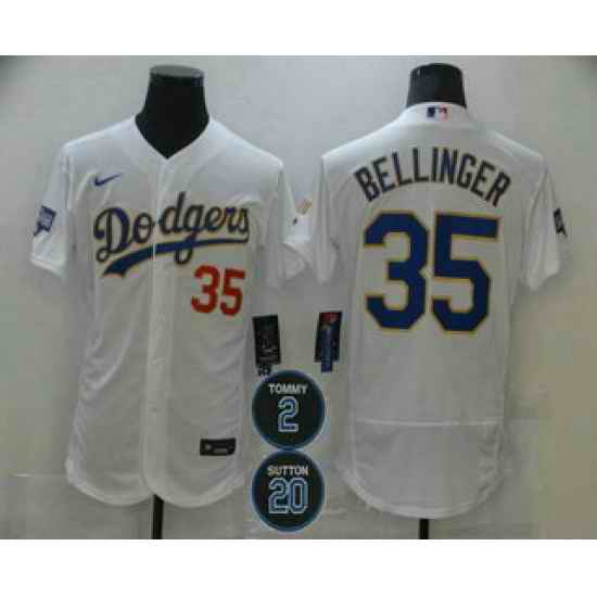 Men Los Angeles Dodgers 35 Cody Bellinger White Gold #2 20 Patch Stitched MLB Flex Base Nike Jersey->los angeles dodgers->MLB Jersey