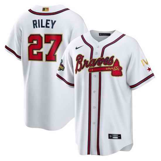 Men Atlanta Braves #27 Austin Riley 2022 White Gold World Series Champions Program Cool Base Stitched Baseball jersey->atlanta braves->MLB Jersey