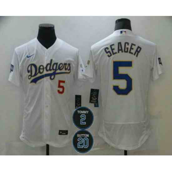 Men Los Angeles Dodgers 5 Corey Seager White #2 20 Patch Flex Base Sttiched MLB Jersey->los angeles dodgers->MLB Jersey