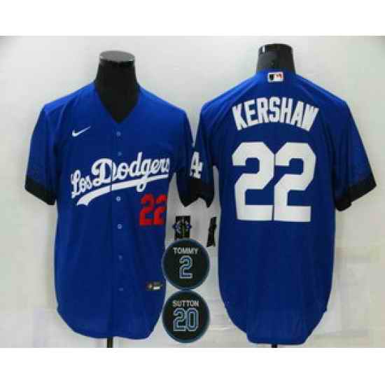 Men Los Angeles Dodgers 22 Clayton Kershaw Blue #2 20 Patch City Connect Number Cool Base Stitched Jersey->los angeles dodgers->MLB Jersey