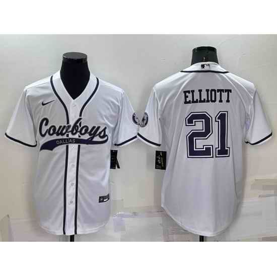 Men Dallas Cowboys #21 Ezekiel Elliott White Cool Base Stitched Baseball Jersey->dallas cowboys->NFL Jersey