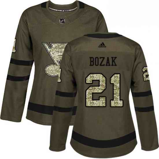 Womens Adidas St Louis Blues #21 Tyler Bozak Authentic Green Salute to Service NHL Jersey->women nhl jersey->Women Jersey