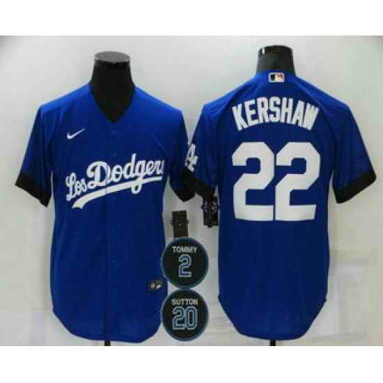 Men Los Angeles Dodgers 22 Clayton Kershaw Blue #2 20 Patch City Connect Cool Base Stitched Jersey->los angeles dodgers->MLB Jersey