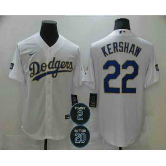 Men Los Angeles Dodgers 22 Clayton Kershaw White Gold #2 20 Patch Stitched MLB Cool Base Nike Jersey->los angeles dodgers->MLB Jersey