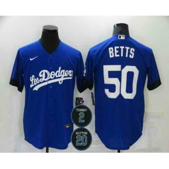 Men Los Angeles Dodgers 50 Mookie Betts Blue #2 20 Patch City Connect Cool Base Stitched Jersey->los angeles dodgers->MLB Jersey