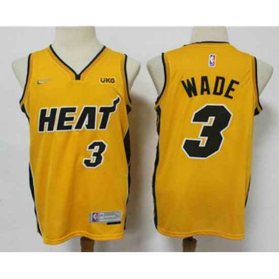 Men Miami Heat #3 Dwyane Wade Yellow Nike Swingman 2021 Earned Edition Stitched Jersey With NEW Sponsor Logo->miami heat->NBA Jersey