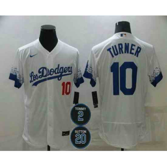 Men Los Angeles Dodgers 10 Justin Turner White #2 20 Patch City Connect Flex Base Stitched Jersey->los angeles dodgers->MLB Jersey