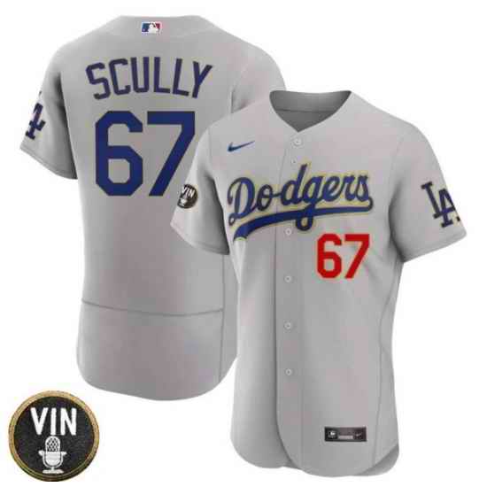 Men Los Angeles Dodgers #67 Vin Scully 2022 Grey Vin Scully Patch Flex Base Stitched Baseball Jersey->los angeles dodgers->MLB Jersey