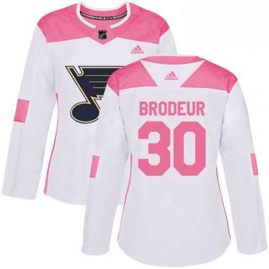 Womens Adidas St Louis Blues #30 Martin Brodeur Authentic WhitePink Fashion NHL Jersey->women nhl jersey->Women Jersey