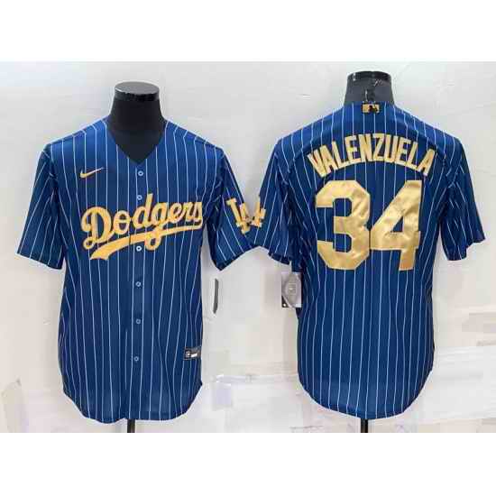Men Los Angeles Dodgers #34 Fernando Valenzuela Navy Gold Cool Base Stitched Baseball Jersey->los angeles dodgers->MLB Jersey