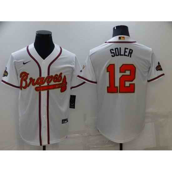 Men Atlanta Braves #12 Jorge Soler 2022 White Gold World Series Champions Program Cool Base Stitched Baseball jersey->atlanta braves->MLB Jersey