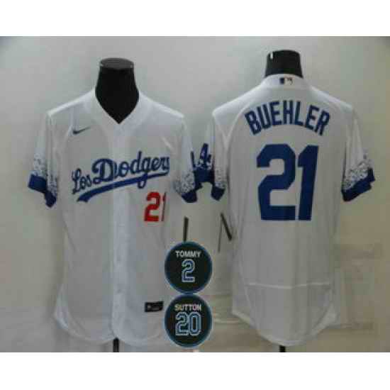 Men Los Angeles Dodgers 21 Walker Buehler White #2 20 Patch City Connect Flex Base Stitched Jersey->los angeles dodgers->MLB Jersey