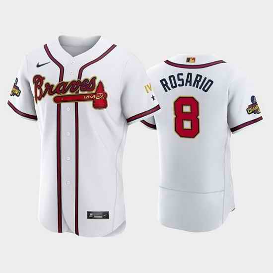 Men Atlanta Braves #8 Eddie Rosario 2022 White Gold World Series Champions Program Flex Base Stitched Baseball jersey->atlanta braves->MLB Jersey