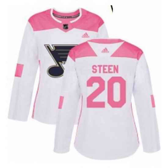 Womens Adidas St Louis Blues #20 Alexander Steen Authentic WhitePink Fashion NHL Jersey->women nhl jersey->Women Jersey