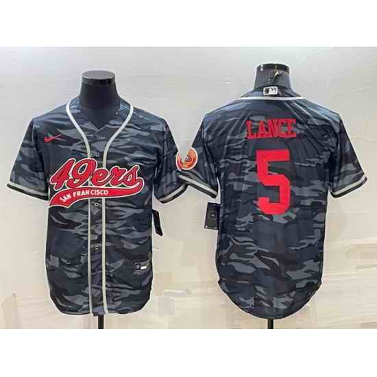 Men San Francisco 49ers #5 Trey Lance Grey Red Camo With Patch Cool Base Stitched Baseball Jersey->san francisco 49ers->NFL Jersey