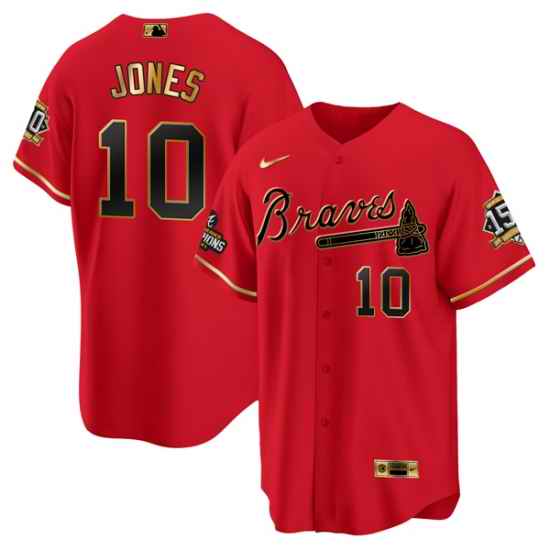 Men Atlanta Braves #10 Chipper Jones 2021 Red Gold World Series Champions With 150th Anniversary Patch Cool Base Stitched Jersey->atlanta braves->MLB Jersey