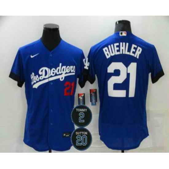 Men Los Angeles Dodgers 21 Walker Buehler Blue #2 20 Patch City Connect Flex Base Stitched Jersey->los angeles dodgers->MLB Jersey