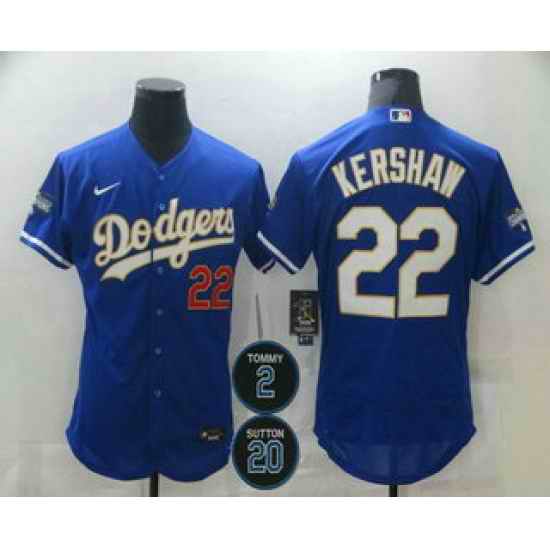 Men Los Angeles Dodgers 22 Clayton Kershaw Blue Gold #2 20 Patch Stitched MLB Flex Base Nike Jersey->los angeles dodgers->MLB Jersey