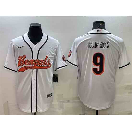 Men Cincinnati Bengals #9 Joe Burrow White With Patch Cool Base Stitched Baseball Jersey->dallas cowboys->NFL Jersey
