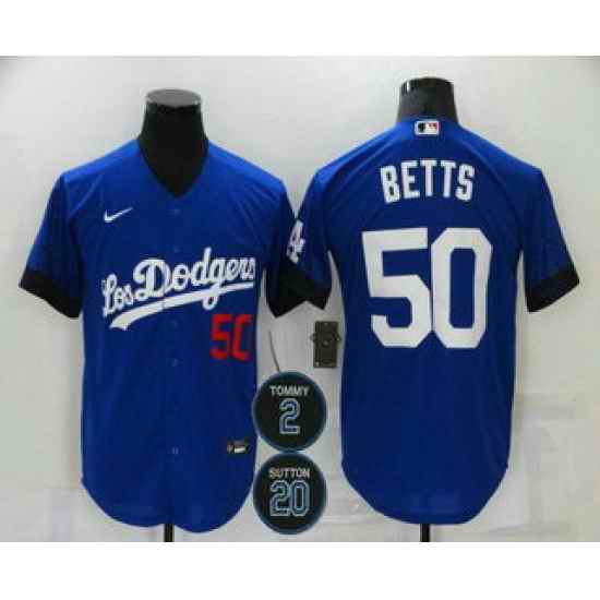 Men Los Angeles Dodgers 50 Mookie Betts Blue #2 20 Patch City Connect Number Cool Base Stitched Jersey->los angeles dodgers->MLB Jersey