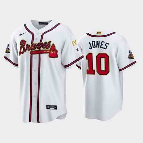 Men Atlanta Braves #10 Chipper Jones 2022 White Gold World Series Champions Program Cool Base Stitched Baseball jersey->atlanta braves->MLB Jersey