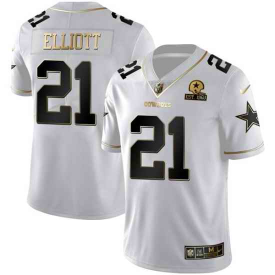 Men Dallas Cowboys #21 Ezekiel Elliott White Golden Edition With 1960 Patch Limited Stitched Jersey->dallas cowboys->NFL Jersey