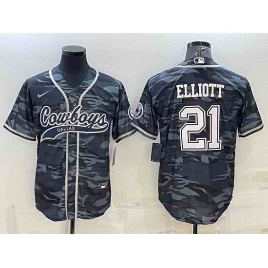 Men Dallas Cowboys #21 Ezekiel Elliott Grey Camo With Patch Cool Base Stitched Baseball Jersey->dallas cowboys->NFL Jersey