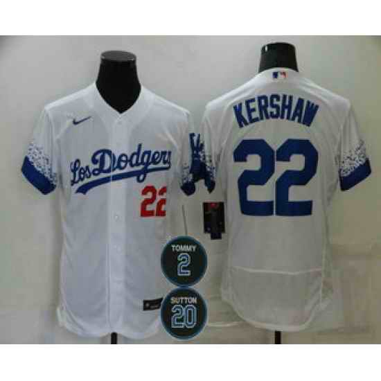 Men Los Angeles Dodgers 22 Clayton Kershaw White #2 20 Patch City Connect Flex Base Stitched Jersey->los angeles dodgers->MLB Jersey