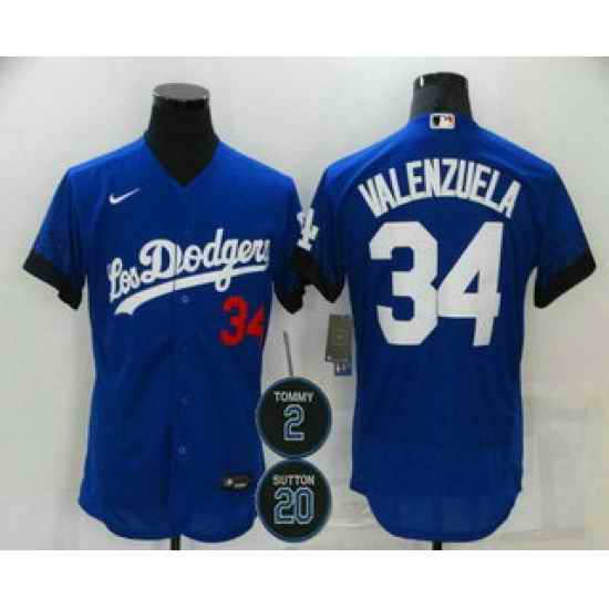 Men Los Angeles Dodgers 34 Fernando Valenzuela Blue #2 20 Patch City Connect Flex Base Stitched Jersey->los angeles dodgers->MLB Jersey