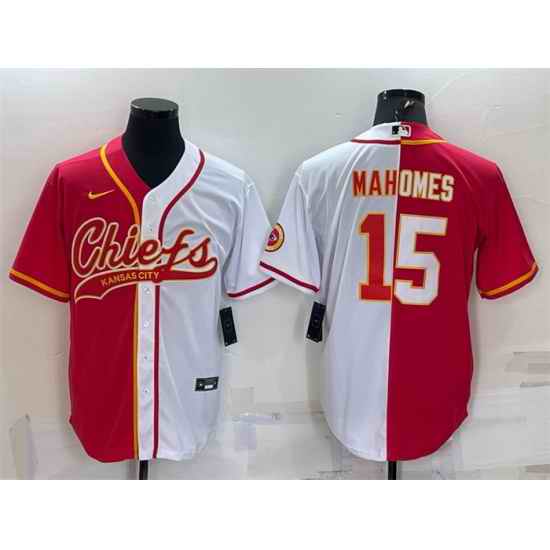Men Kansas City Chiefs #15 Patrick Mahomes Red White Split With Patch Cool Base Stitched Baseball Jersey->kansas city chiefs->NFL Jersey