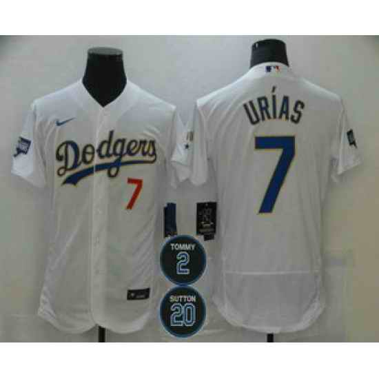 Men Los Angeles Dodgers 7 Julio Urias White Gold #2 20 Patch Stitched MLB Flex Base Nike Jersey->los angeles dodgers->MLB Jersey
