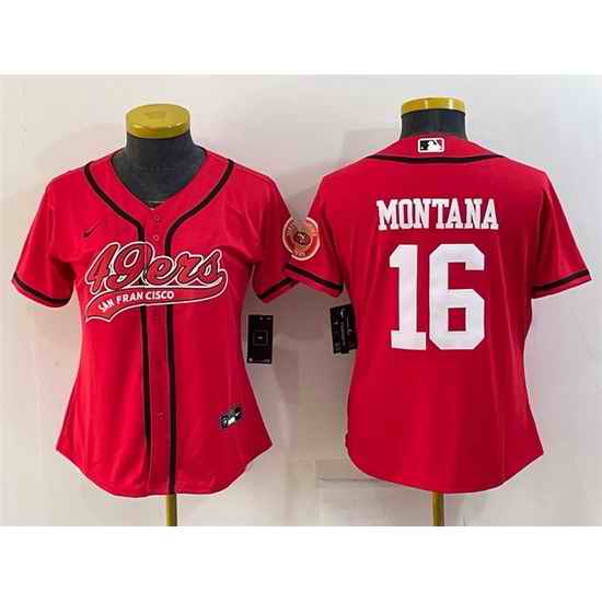 Women San Francisco 49ers #16 Joe Montana Red With Patch Cool Base Stitched Baseball Jersey->women nfl jersey->Women Jersey
