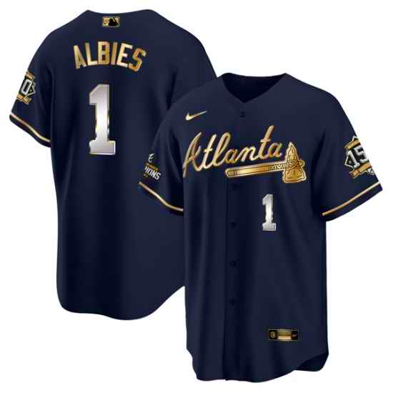 Men Atlanta Braves #1 Ozzie Albies 2021 Navy Gold World Series Champions With 150th Anniversary Patch Cool Base Stitched Jersey->atlanta braves->MLB Jersey