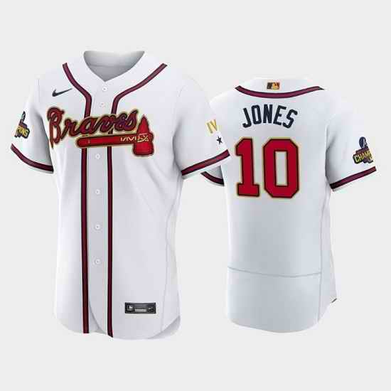 Men Atlanta Braves #10 Chipper Jones 2022 White Gold World Series Champions Program Flex Base Stitched Baseball jersey->atlanta braves->MLB Jersey