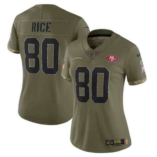 Women San Francisco 49ers #80 Jerry Rice Olive 2022 Salute To Service Limited Stitched Jersey->women nfl jersey->Women Jersey