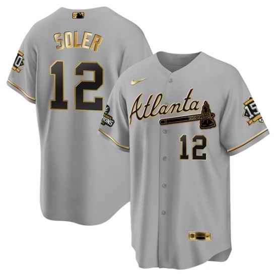 Men Atlanta Braves #12 Jorge Soler 2021 Grey Gold World Series Champions With 150th Anniversary Patch Cool Base Stitched Jersey->atlanta braves->MLB Jersey