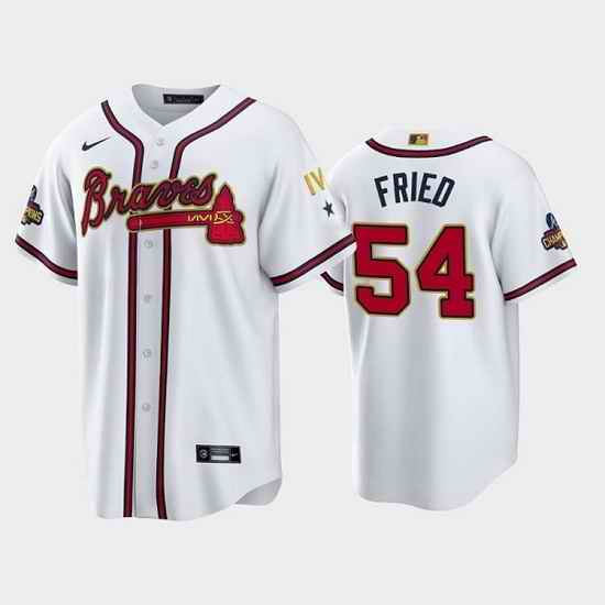 Men Atlanta Braves #54 Max Fried 2022 White Gold World Series Champions Program Cool Base Stitched Baseball jersey->atlanta braves->MLB Jersey