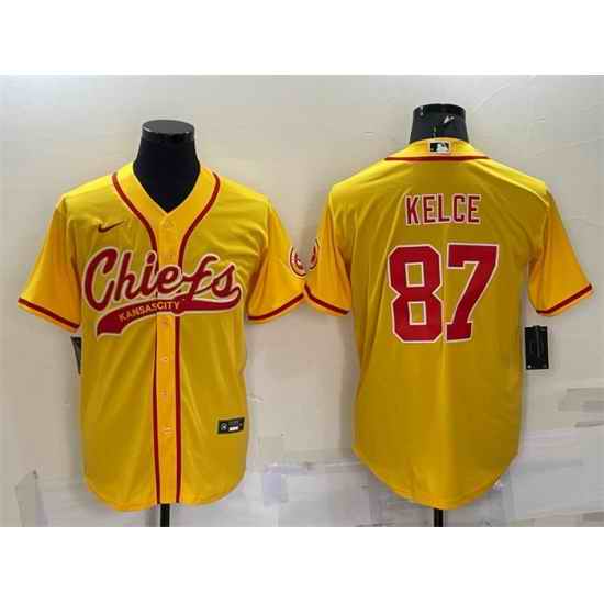 Men Kansas City Chiefs #87 Travis Kelce Gold With Patch Cool Base Stitched Baseball Jersey->kansas city chiefs->NFL Jersey