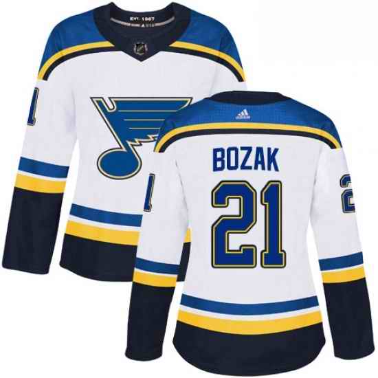 Womens Adidas St Louis Blues #21 Tyler Bozak Authentic White Away NHL Jersey->women nhl jersey->Women Jersey