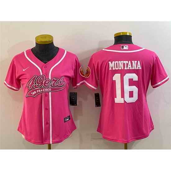 Women San Francisco 49ers #16 Joe Montana Pink With Patch Cool Base Stitched Baseball Jersey->women nfl jersey->Women Jersey