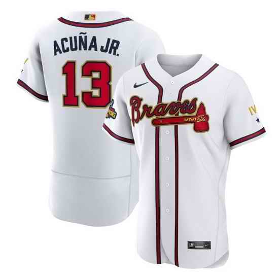 Men Atlanta Braves #13 Ronald Acu F1a Jr  2022 White Gold World Series Champions Program Flex Base Stitched Baseball jersey->atlanta braves->MLB Jersey