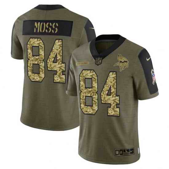 Men Minnesota Vikings #84 Randy Moss 2021 Salute To Service Olive Camo Limited Stitched Jersey->new england patriots->NFL Jersey