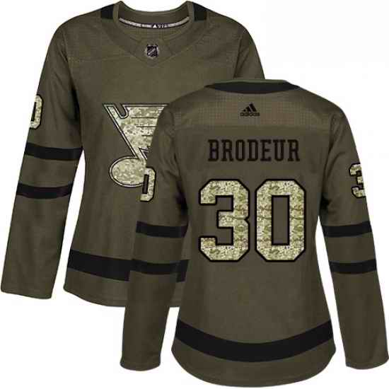 Womens Adidas St Louis Blues #30 Martin Brodeur Authentic Green Salute to Service NHL Jersey->women nhl jersey->Women Jersey